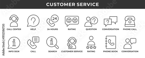 Customer service icon set. Contains line icons related to call center, help, question, call, rating, and more.