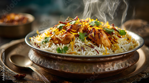 Basmati rice with spiced chicken and caramelized onions. Illustration of Indian culinary background.