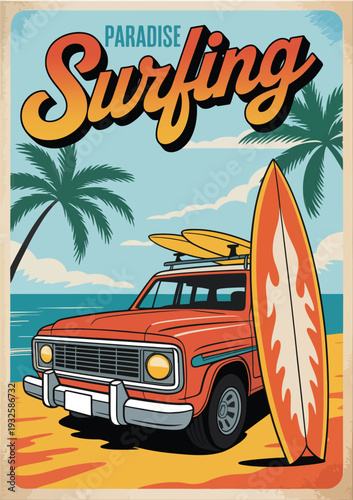 Vintage Surfing Poster Featuring SUV Car on Beautiful Tropical Beach, Retro Style Vector Illustration for Summer Travel, Coastal Adventure and Surf Lifestyle Design Projects