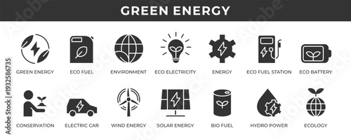 Green energy icon set. Contains solid icons related to environment, conservation, wind energy, biofuel, ecology, and more.