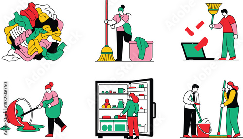 People Cleaning and Organizing Home Vector Set with Laundry, Sweeping, Mopping, Refrigerator Cleaning, and Household Chores Illustration