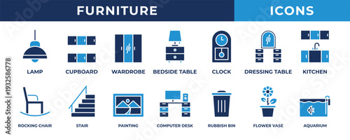 Furniture icon set. Contains blue icons related to lamp, clipboard, clock, wardrobe, stair, and more.