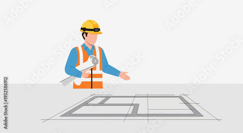 Construction worker with blueprints and floor plan