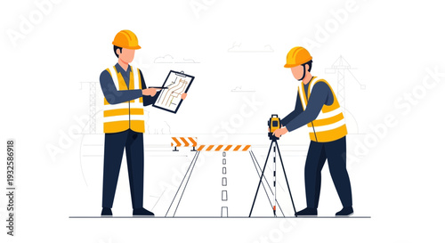 Construction workers surveying road, planning blueprint, infrastructure development