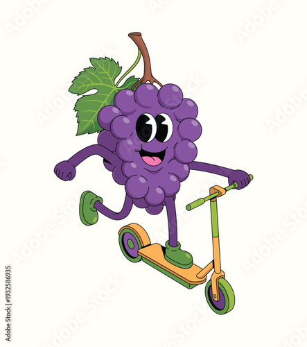 grapes kick scooter groovy cartoon illustration