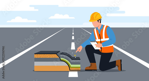 Geologist inspecting road construction layers and soil strata
