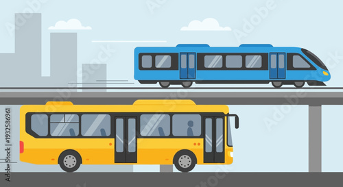 Modern Public Transport: Blue Train and Yellow Bus on Elevated Tracks
