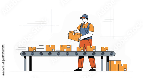 Factory worker loading boxes onto conveyor belt for shipment, logistics theme