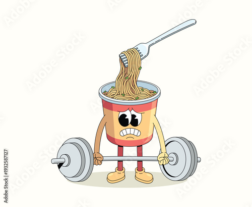 instant noodles cup hard weightlifting groovy cartoon illustration