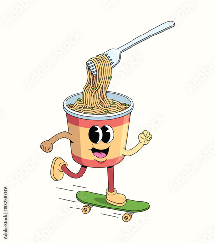instant noodles cup skateboard walk groovy cartoon illustration