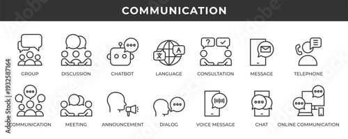 Communication icon set. Contains line icons related to discussion, language, dialogue, meeting, chat, and more.