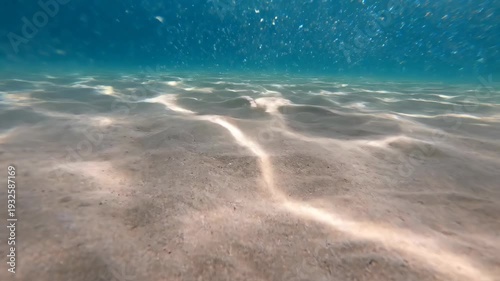Underwater scene showing sandy ocean floor with sunlight reflections and bubbles rising, capturing the serene beauty of aquatic life in a tropical environment