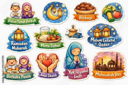 Ramadan Themed Stickers with Colorful Illustrations for Spiritual Moments
