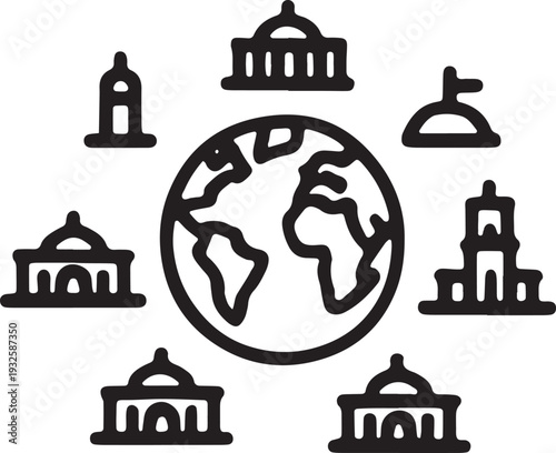Globe surrounded by different government and historic buildings worldwide travel architecture line art