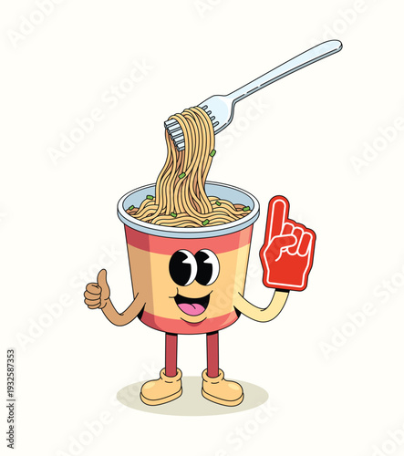 instant noodles cup foam finger groovy cartoon illustration