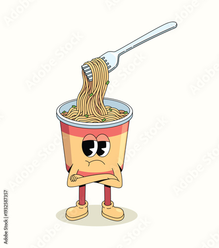 instant noodles cup crossed arms groovy cartoon illustration