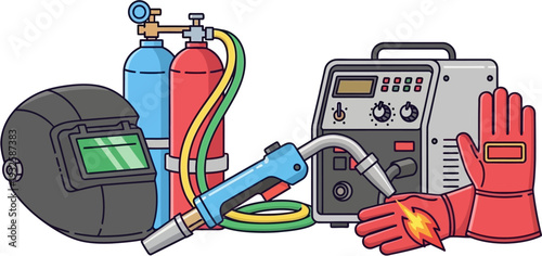 Illustration of essential welding equipment including a helmet, gas cylinders, welding machine, torch, and protective gloves for industrial work.