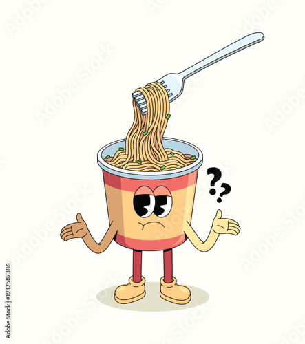 instant noodles cup shrugging groovy cartoon illustration