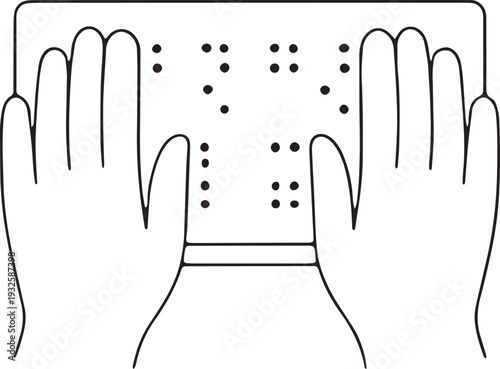Hands reading braille on a tablet device with dots on grey background