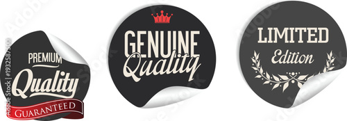 Three black and white quality guarantee stickers