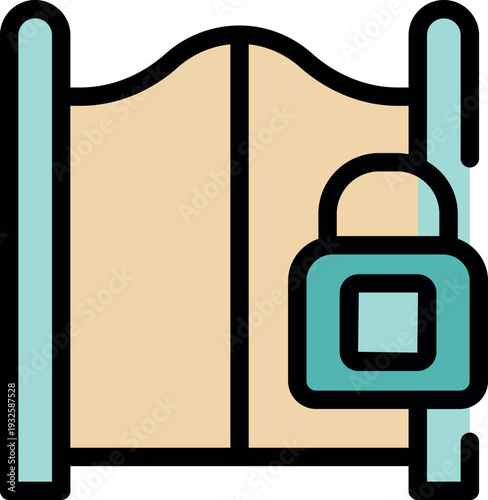 Padlock securing closed double swinging saloon doors, concept of security and access restriction