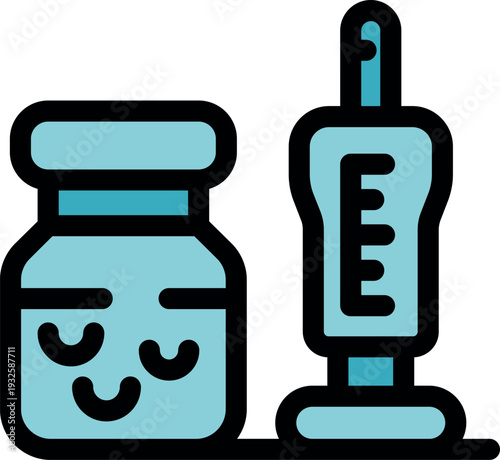 Syringe injecting vaccine into a cute anthropomorphic medical vial, promoting vaccination and healthcare