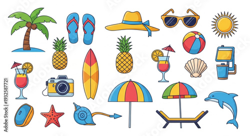 Collection of summer beach vacation elements, perfect for travel and leisure designs.