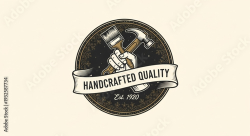 Vintage Handcrafted Quality Logo Featuring a Man with Hammer and Elegant Design.