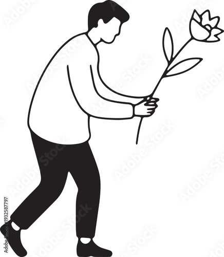 Silhouette illustration of man walking and holding single flower in his hand for romantic gesture vector