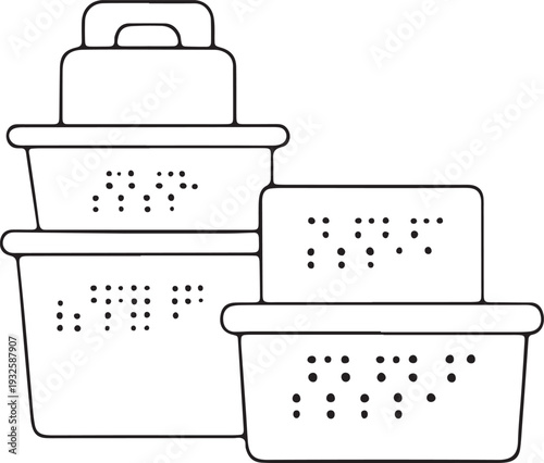 Stack of colanders with braille text for visually impaired people food preparation items