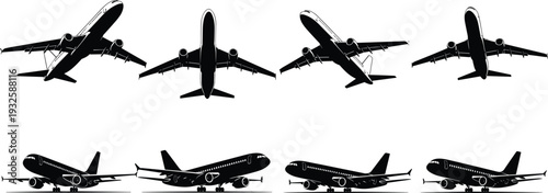 Commercial Airplane Silhouette Collection with Passenger Jet Takeoff Landing and Side Views Aviation Vector Illustration Set
