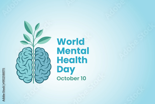 World mental health day awareness graphic with brain and green leaves on gradient background