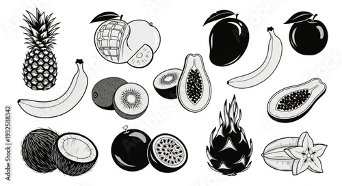 Assortment of various tropical fruits, meticulously illustrated in detailed monochrome style, perfect for culinary projects.
