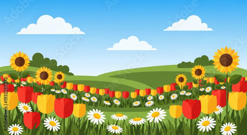 Vibrant spring landscape with sunflowers tulips and daisies in a lush green field under a blue sky with fluffy clouds seasonal garden scenery