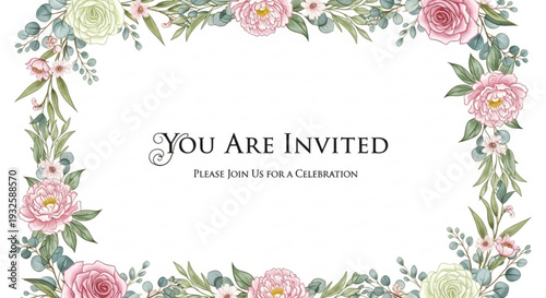 Elegant floral invitation card with pink roses and green leaves on white background for wedding or celebration