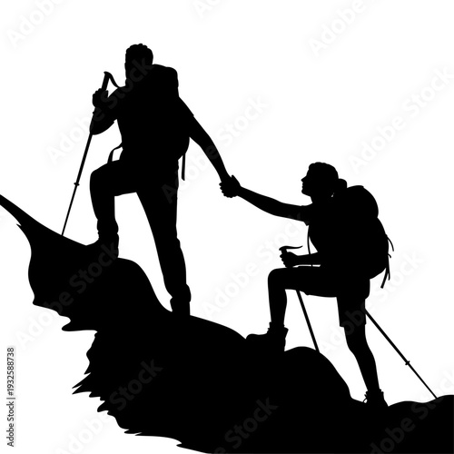 Silhouette of two hikers helping each other climb a mountain peak vector isolated PNG with Transparent Background