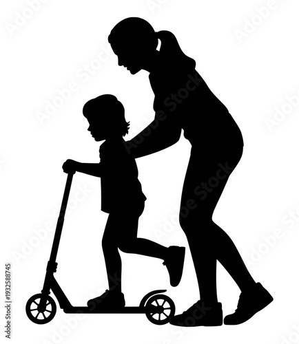 Silhouette of mother helping child ride a kick scooter vector isolated PNG with Transparent Background