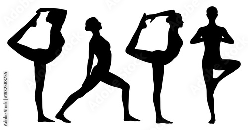 Set of 4 yoga poses silhouettes vector isolated PNG with Transparent Background