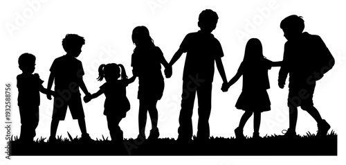 Silhouette of group of children holding hands in a row vector isolated PNG with Transparent Background
