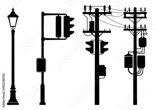 Set of 4 urban utility silhouettes including street lamp traffic light and power poles vector isolated PNG with Transparent Background