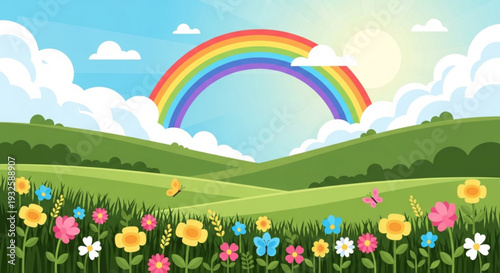 Vibrant rainbow arches over lush green hills and colorful blooming wildflowers in a serene landscape with fluffy white clouds