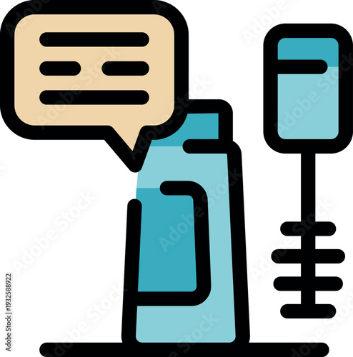 Cosmetic products with chat bubble describing ingredients and applicator promoting healthy skincare routine