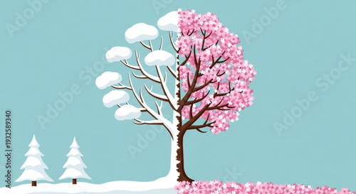 Snowy landscape with blooming cherry blossom tree and frosty pine trees on a serene winter day
