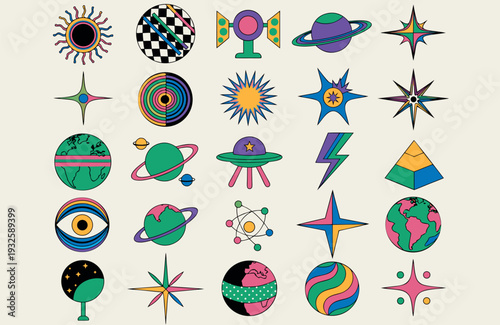 Retro futuristic space icon set vector cyber sci fi elements