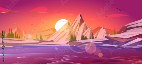 Frozen lake, mountains and snow at sunset