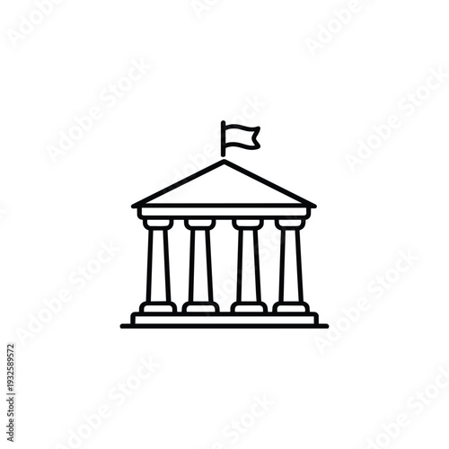 Government building icon black and white vector illustration of classical bank or museum with columns and flag
