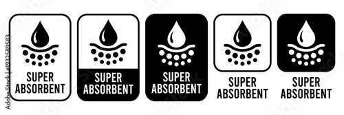 Fast absorbent or quick absorption icon set, label, logo, badge, banner, symbol, sticker, black, flat vector, isolated illustration. Quick dry, dermatology, absorb, fast absorbing water drop icons.