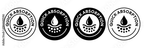 Fast absorbent or quick absorption icon set, label, logo, badge, banner, symbol, sticker, black, flat vector, isolated illustration. Quick dry, dermatology, absorb, fast absorbing water drop icons.
