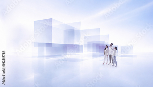 Fotografija Futuristic composition three people standing near transparent building volumes in white abstract environment