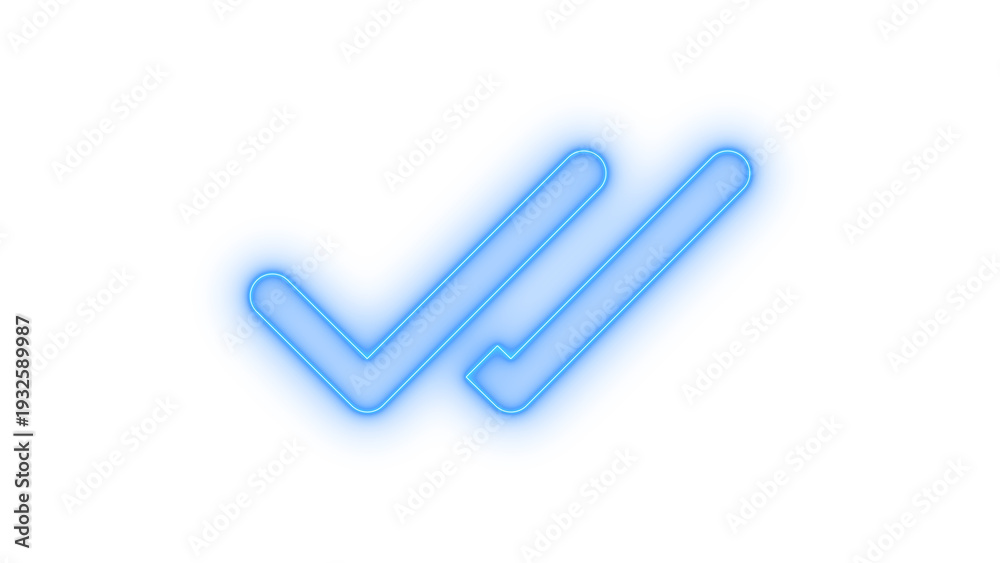 Obraz premium A vibrant blue neon double checkmark icon, brightly glowing to represent confirmation, successful completion, validation, and read messages in a sleek digital design, isolated on transparent backgroun